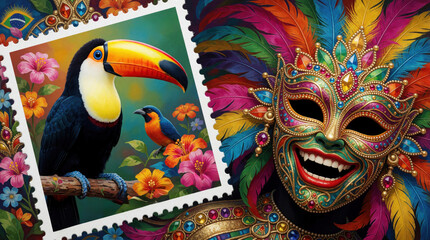Fototapeta premium Brazilian postage stamps feature toucan and vibrant carnival mask with colorful feathers and jewels. Festive tropical birds and floral designs adorn philatelic items from South America.