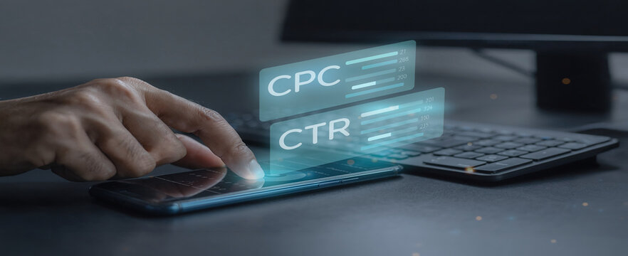 Hand touching smartphone showing cpc and ctr metrics