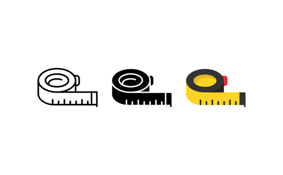 Minimalist tape measure icons in outline glyph and flat color styles on white