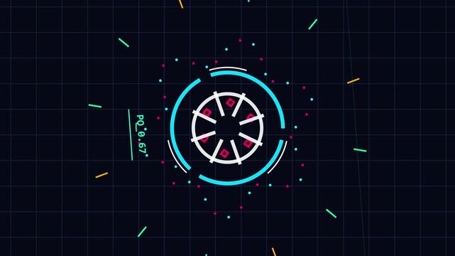 Futuristic Hud Element with Geometric Shapes and Data Display on Dark Grid Background