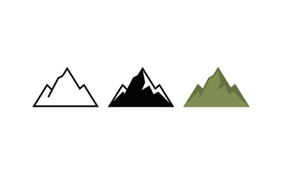 Minimalist mountain icons in outline solid and green vector style