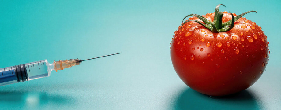 Red tomato with water drops near medical syringe on teal background. Concept for food science genetic modification GMO debate and healthy eating.