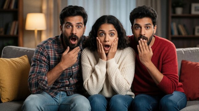 Shocked young couple, friend sit on couch watching TV. Man, woman show surprised facial expressions with open mouths. Three people react to news movie drama at home in living room. Intense emotional