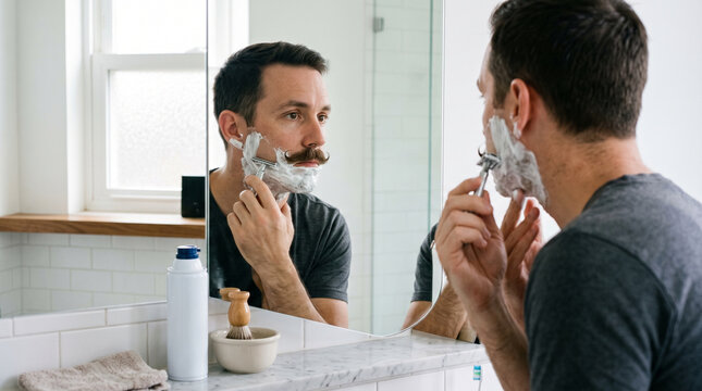 Man shaving his beard in a modern bathroom for Movember men's health  