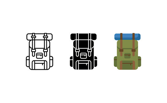 Minimalist hiking backpack icons in outline silhouette and colorful flat design