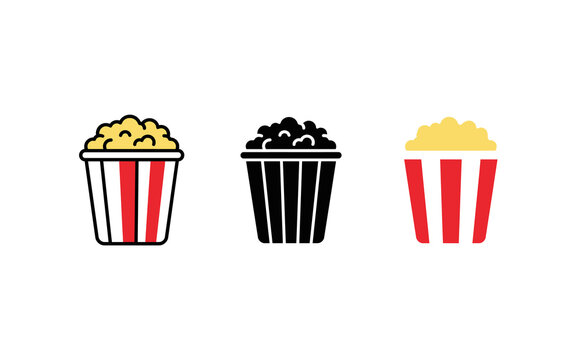 Minimalist popcorn icons set featuring red yellow and black vector graphic style
