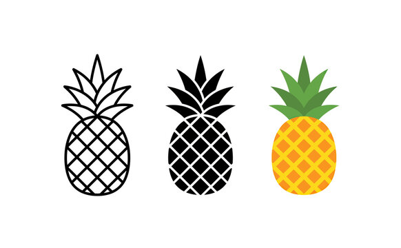 Minimalist pineapple icons featuring outline silhouette and color vector designs on white