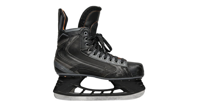 Single black ice hockey skate with orange accents and scuff marks, captured in a studio shot on a clean white background