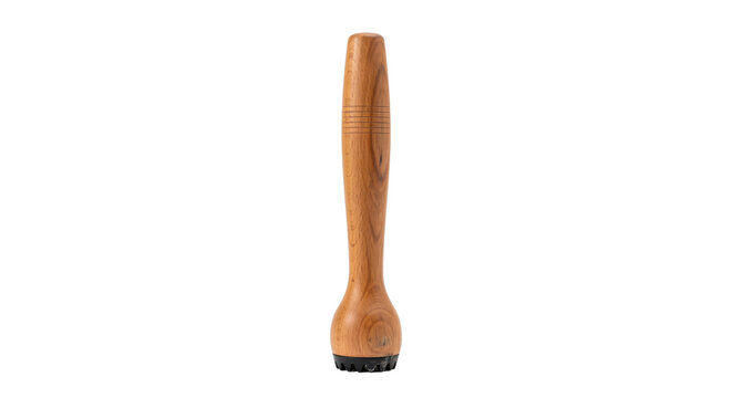 Single wooden cocktail muddler with a dark textured base stands upright on a clean white background, captured with bright studio lighting