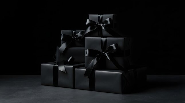 A stack of elegant black gift boxes with satin ribbons against a dark background, representing luxury shopping and holiday sales