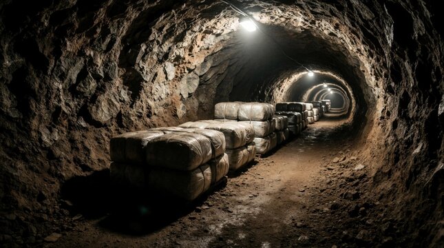 Bundles of contraband stacked in dark, rough tunnel. Lights illuminate path in underground passage, suggesting illicit transport. Illegal route highlights hidden operations, dangerous journeys.