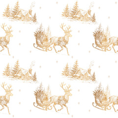 Golden Christmas seamless pattern reindeer sleigh with gifts, snowy cottages, fir trees and snowflakes. Vintage hand drawn gold line art holiday repeat background for elegant Christmas wrapping paper © Julia
