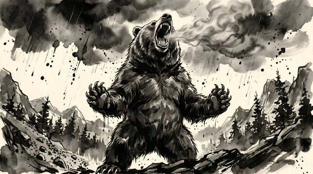Ferocious grizzly bear roaring in stormy mountain landscape