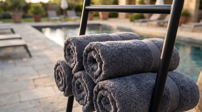 Rolled dark gray towels stacked on a black ladder rack next to a swimming pool.
