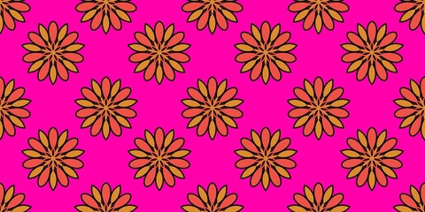 Vibrant geometric dahlia flowers seamless pattern on a shocking pink background. Abstract floral design with repeating orange and black-outlined motifs. Ideal for fabric or wallpaper © Mr. Han Han