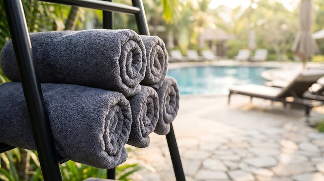 Rolled up grey towels on a rack by a swimming pool outdoors.