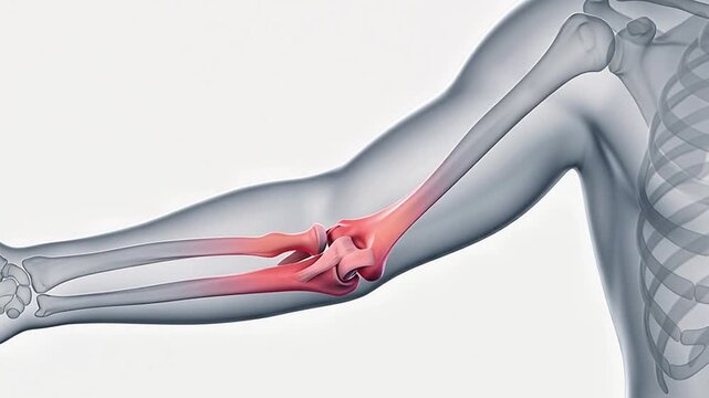 3D medical animation of a human skeletal arm showing red inflammation and joint pain at the elbow against a clean white background