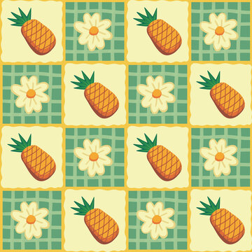 Hand drawn cute cartoon pineapple flower seamless pattern