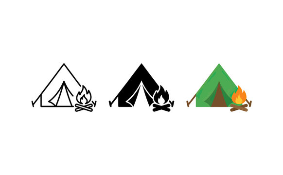 Minimalist camping icons featuring tent and bonfire in vector design