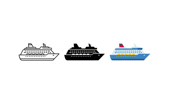 Minimalist cruise ship icons set showing outline, silhouette and colored designs