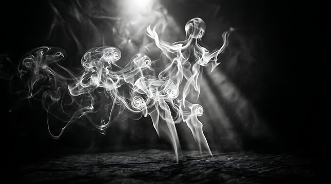 Abstract smoke forming humanoid figures, ethereal black and white contrast, artistic design element
