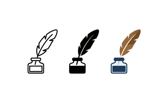 Minimalist feather quill and inkpot icon set in various graphic styles