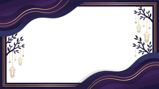Elegant Midnight Purple Wave Vector Frame with Gold Lanterns and Stars