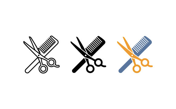 Minimalist barber scissors and comb icons in outline and color styles