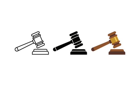 Minimalist wooden gavel icons set showing outline silhouette and flat design styles