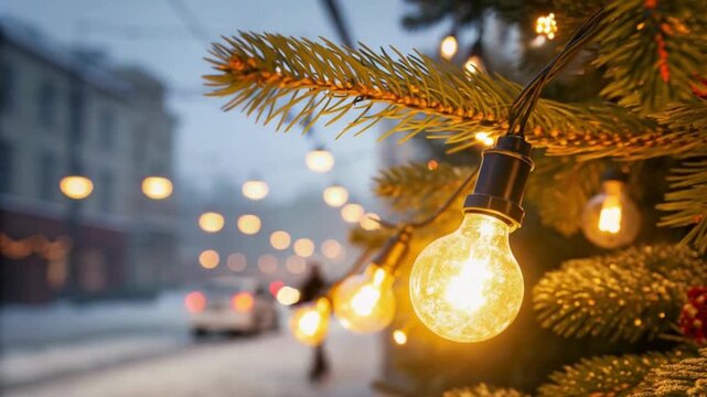 Modern homeowner pressing remote to illuminate outdoor holiday string lights on evergreen tree at dusk