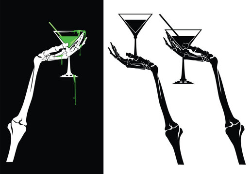 human skeleton raised hand holding cocktail glass with straw - halloween style gothic theme alcohol party event vector silhouette design set