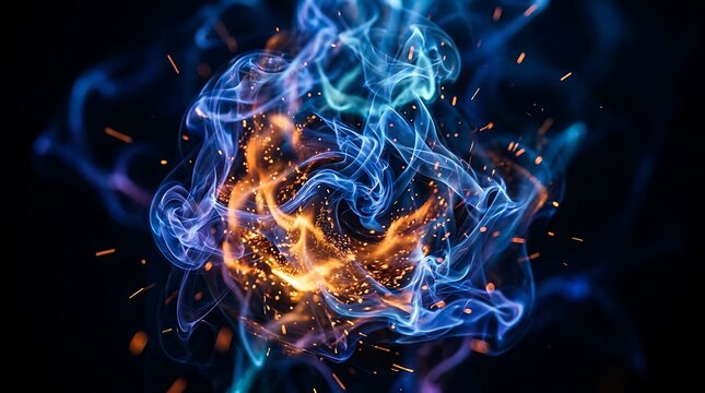 Swirling smoke and fire explosion with glowing sparks on dark background, dynamic energy effect
