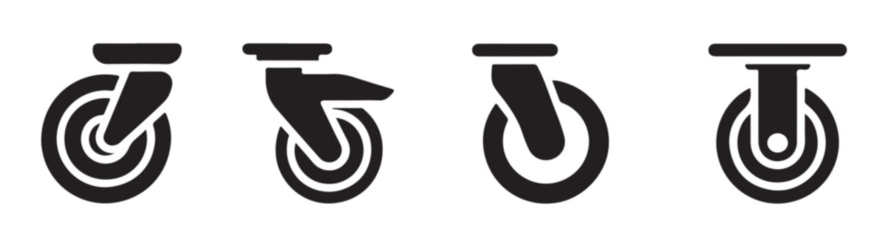Black caster wheels vector icon set for office chair furniture and industrial applications.