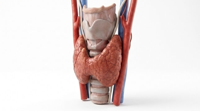 Anatomical model of human thyroid gland with trachea and surrounding vasculature human anatomy endocrine system blood vessels