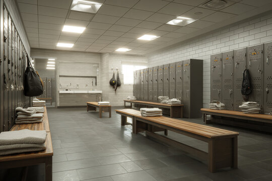 Modern clean gym locker room interior with metal lockers wooden benches and towels on a white background
