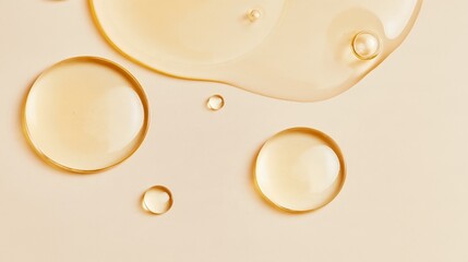 Golden oil serum droplets pooling on a smooth beige surface for skincare product background