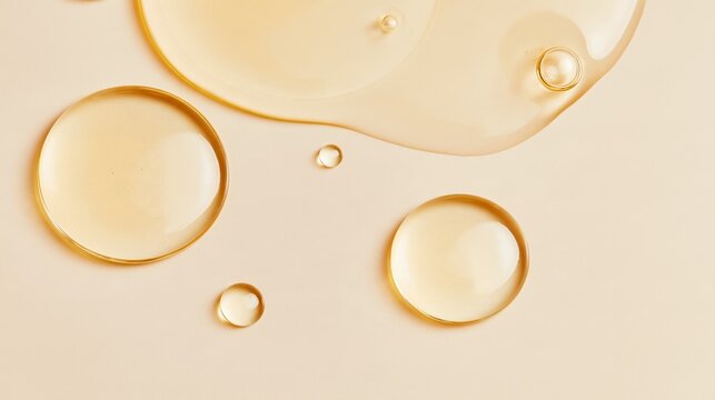 Golden oil serum droplets pooling on a smooth beige surface for skincare product background