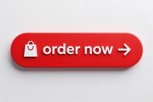 Red button design featuring shopping bag icon and order now text. White element on clean surface works for web interface call to action marketing.