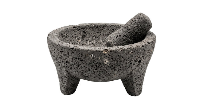 Traditional dark gray volcanic stone molcajete and tejolote, a rustic mortar and pestle set, isolated on a clean white background
