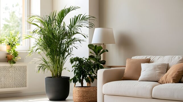 A bright  minimalist living room with a large potted palm  a beige sofa  and natural light from a window