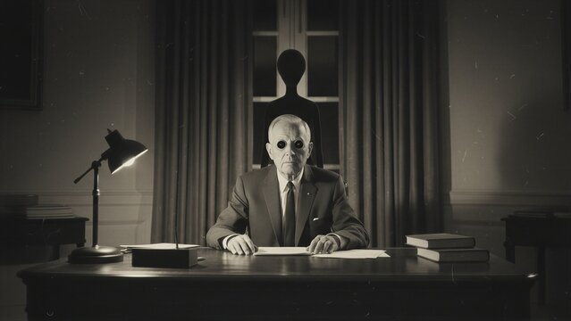 Old man with dark eyes sitting at desk with shadowy alien figure behind him. Scientist in study during paranormal encounter. Science fiction mystery, conspiracy theory and government coverup.