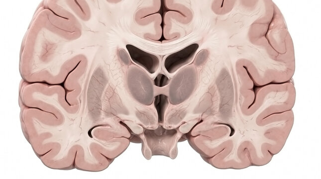 Coronal section of a human brain showing internal structures with brain anatomy brain structure white matter medical illustrati
