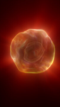 Glowing orange plasma orb on a deep red background, with molten energy, soft light, and abstract cosmic heat.