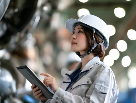 工場でタブレットを使い設備点検する女性作業員