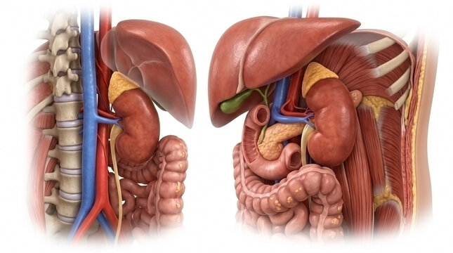 Combined view of human digestive and urinary systems with kidneys and liver human anatomy urinary system abdominal organs