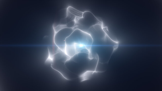 Abstract glowing white energy sphere with translucent fluid shapes, bright light flare, and futuristic dark background.