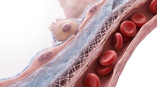 Stent placement inside human artery with red blood cells and endothelial lining vascular system blood vessel medical procedure