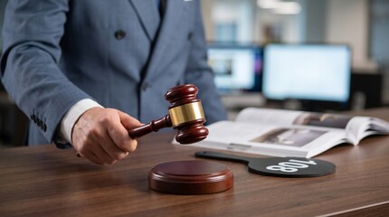 legal auction and public bidding process. professional auctioneer in formal suit striking wooden gavel on sounding block. commercial trade and property acquisition event.   © dom studio