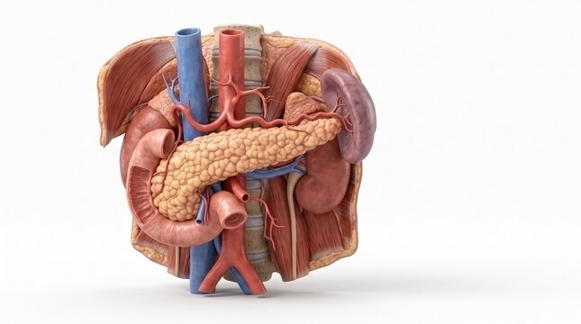 Detailed anatomical model of human internal organs featuring pancreas and kidneys human anatomy digestive system blood vessels