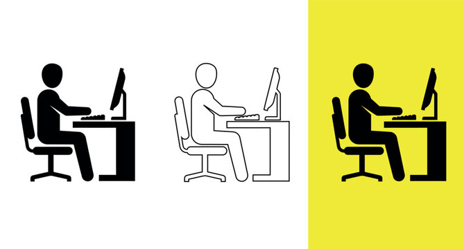 Set of three icons showing a person sitting at a desk working on a computer in different graphic styles